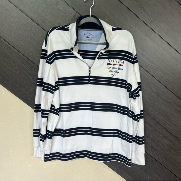 Nautica Other - Nautica Navy and White Striped Quarter-Zip Polo Long Sleeve‎